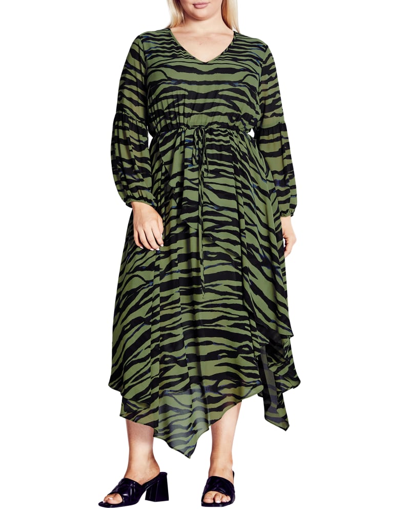 Front of a model wearing a size 26/28 Lorena Dress in Earn Your Stripes by Arna York. | dia_product_style_image_id:303009